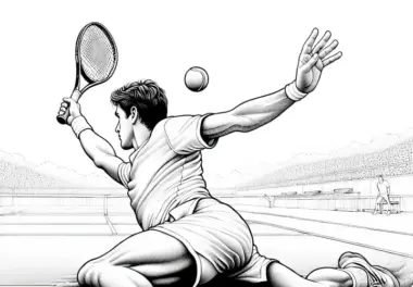 Tennisspieler rutscht auf Sandplatz, um Ball noch zu erreichen – Malvorlage kostenlos