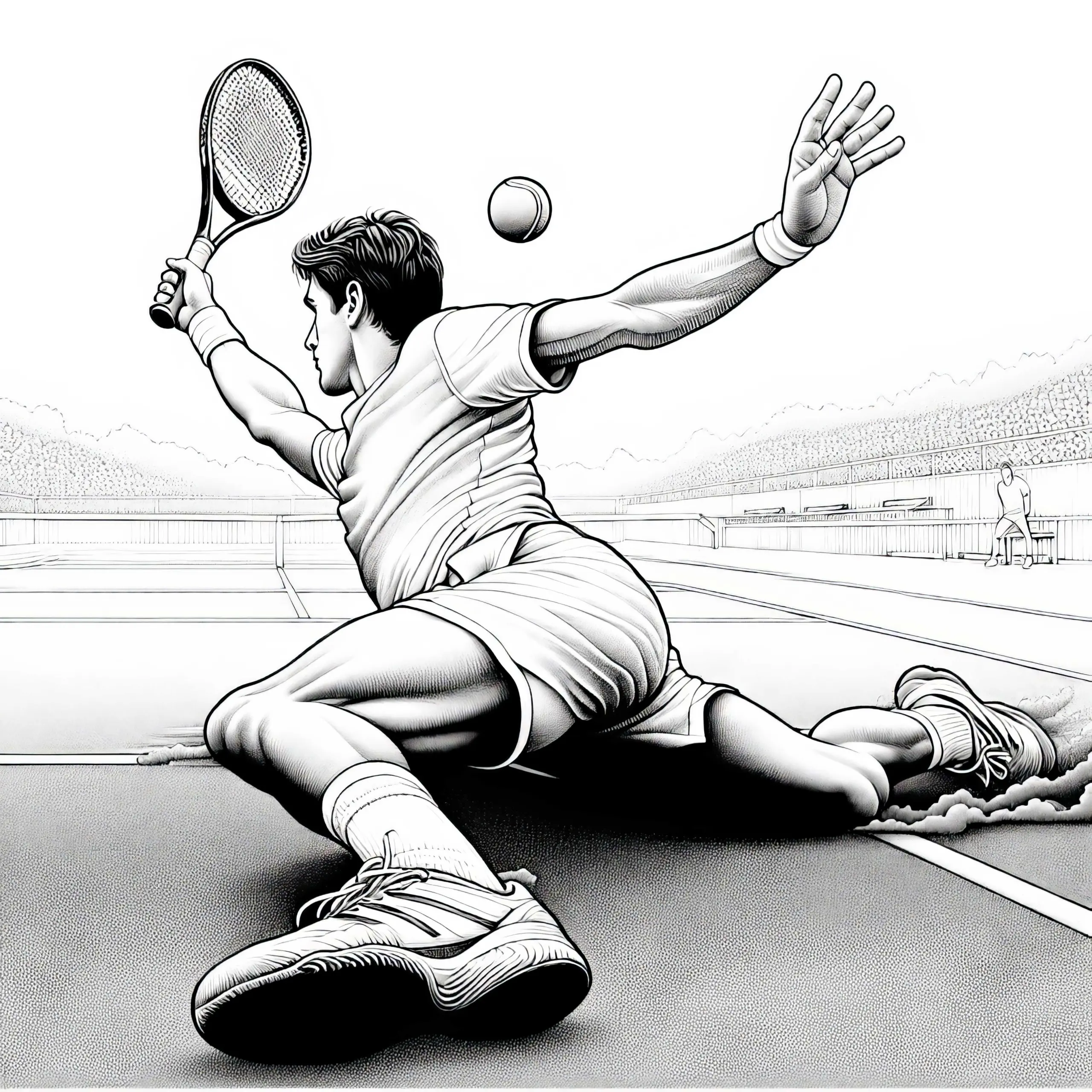 Tennisspieler rutscht auf Sandplatz, um Ball noch zu erreichen – Malvorlage kostenlos (Ausmalbild)