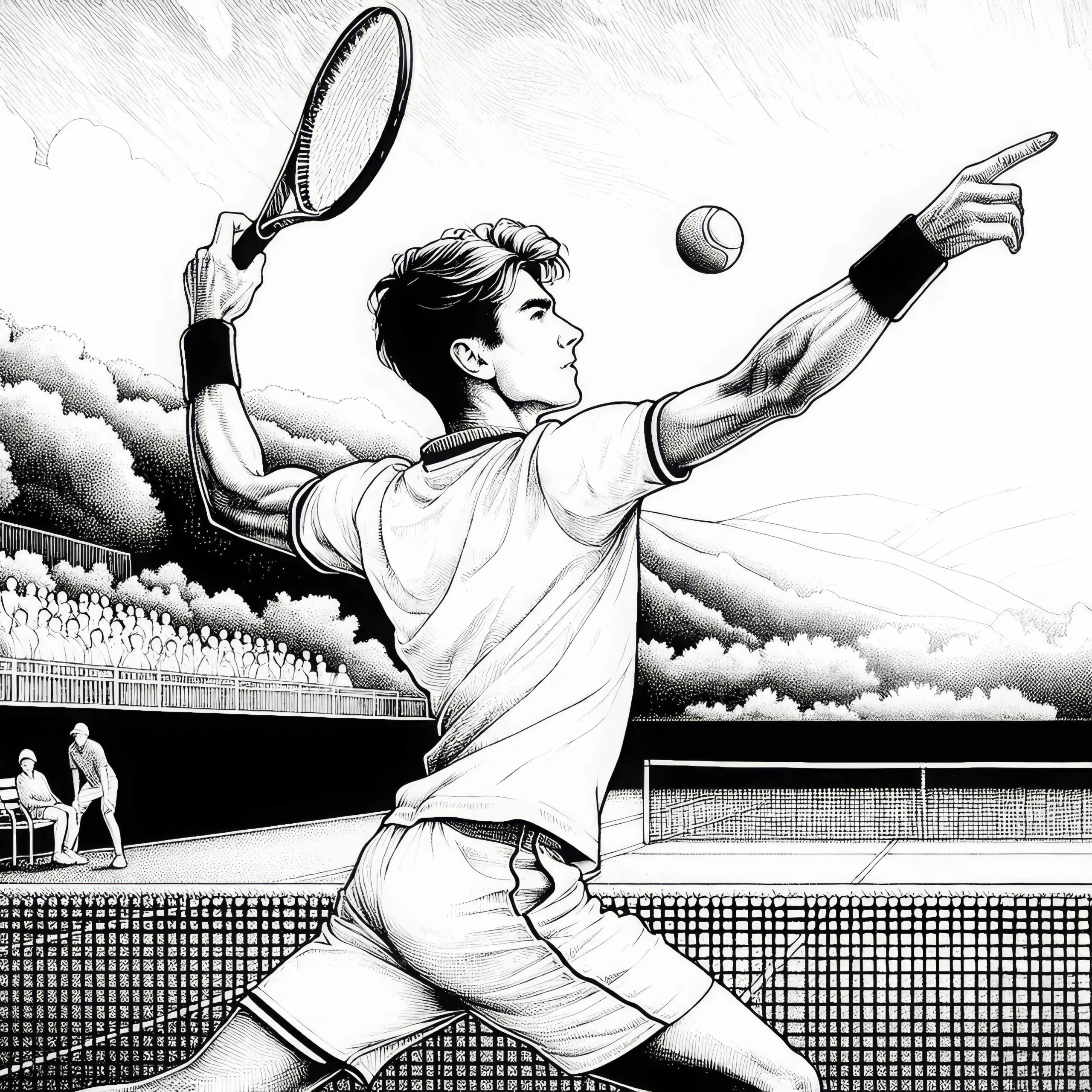 Tennis Spieler schlägt Ball – Malvorlage detailreich gratis (Ausmalbild)