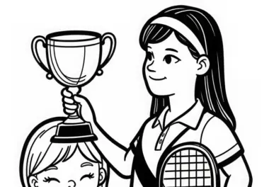 Tennisspielerin hält stolz ihren Pokal nach Turniersieg – Ausmalbild gratis