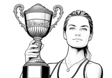 Tennisspielerin hält stolz den Pokal nach Turniersieg – Ausmalbild in detailreicher Qualität