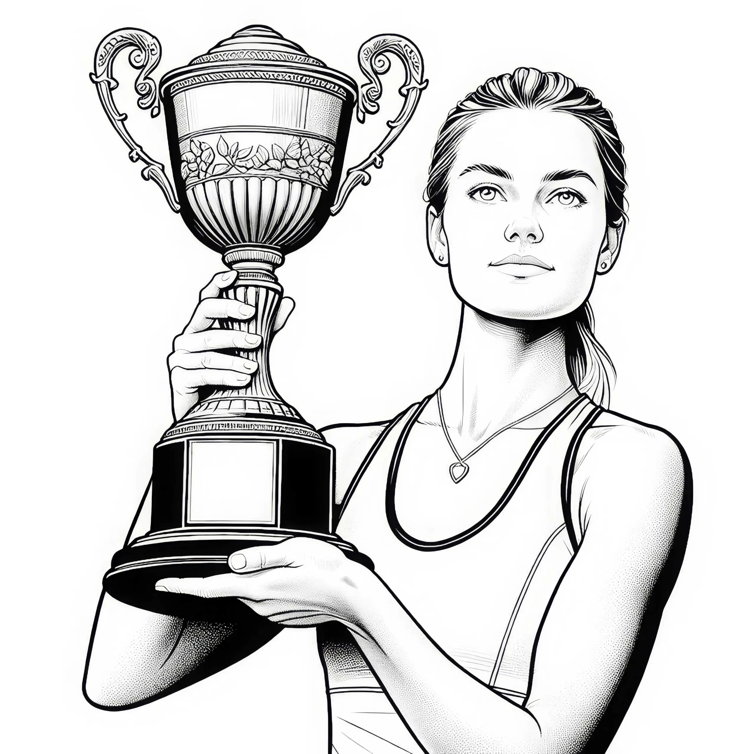 Tennisspielerin hält stolz den Pokal nach Turniersieg – Ausmalbild in detailreicher Qualität