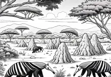 Termitenhügel mit Ameisenbären in der Savanne – Ausmalbild kostenlos