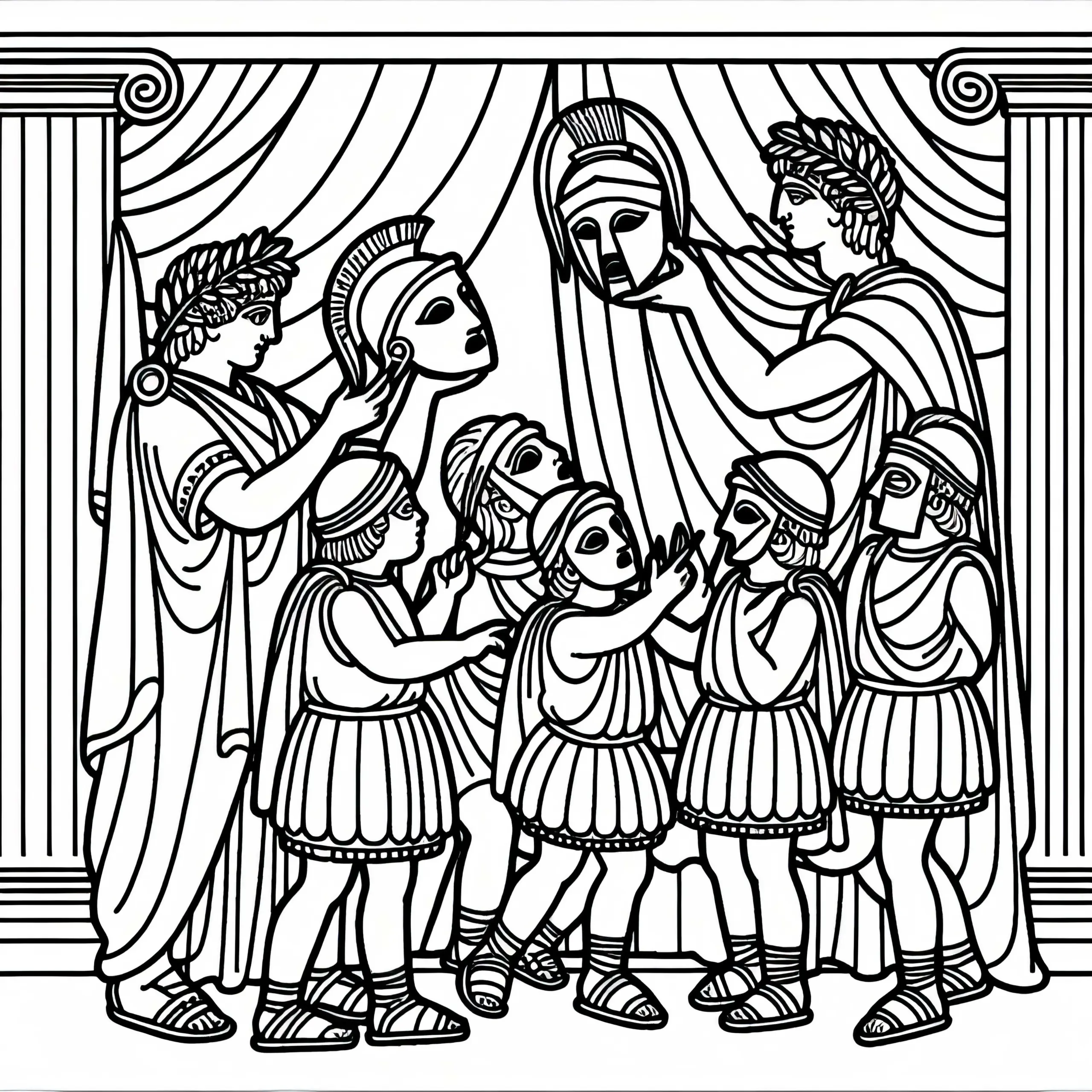Theater mit Masken – Malvorlage Sparta und Athen kostenlos (Ausmalbild)