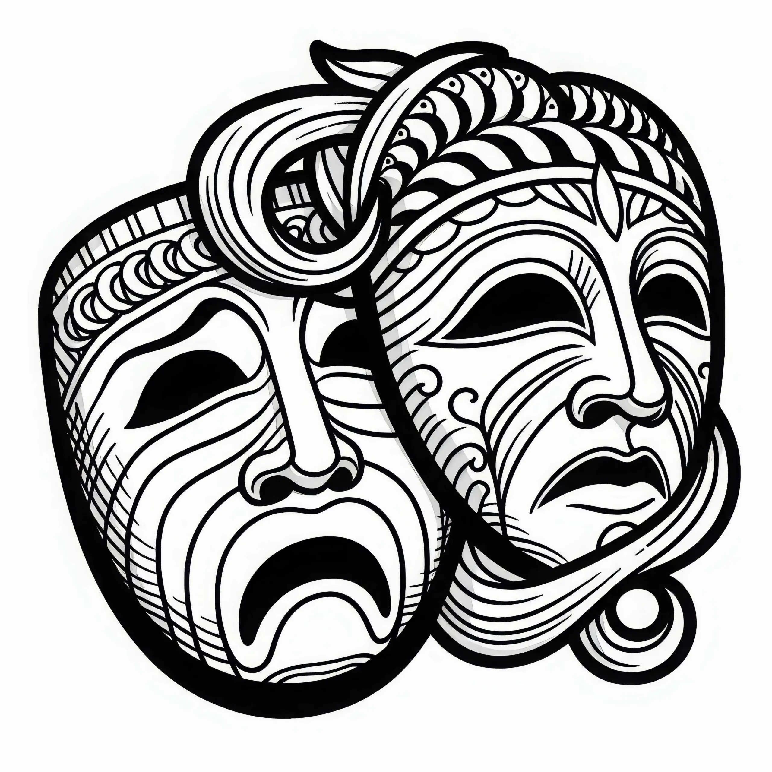 Theatermaske: Tragoedie und Komödie im klassischen Stil zum Ausmalen (Kostenlos) (Ausmalbild)