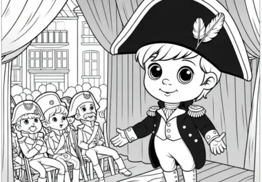 Theaterstück wird geprobt mit Kind als Napoleon – Malvorlage Napoleonische Ära kostenlos