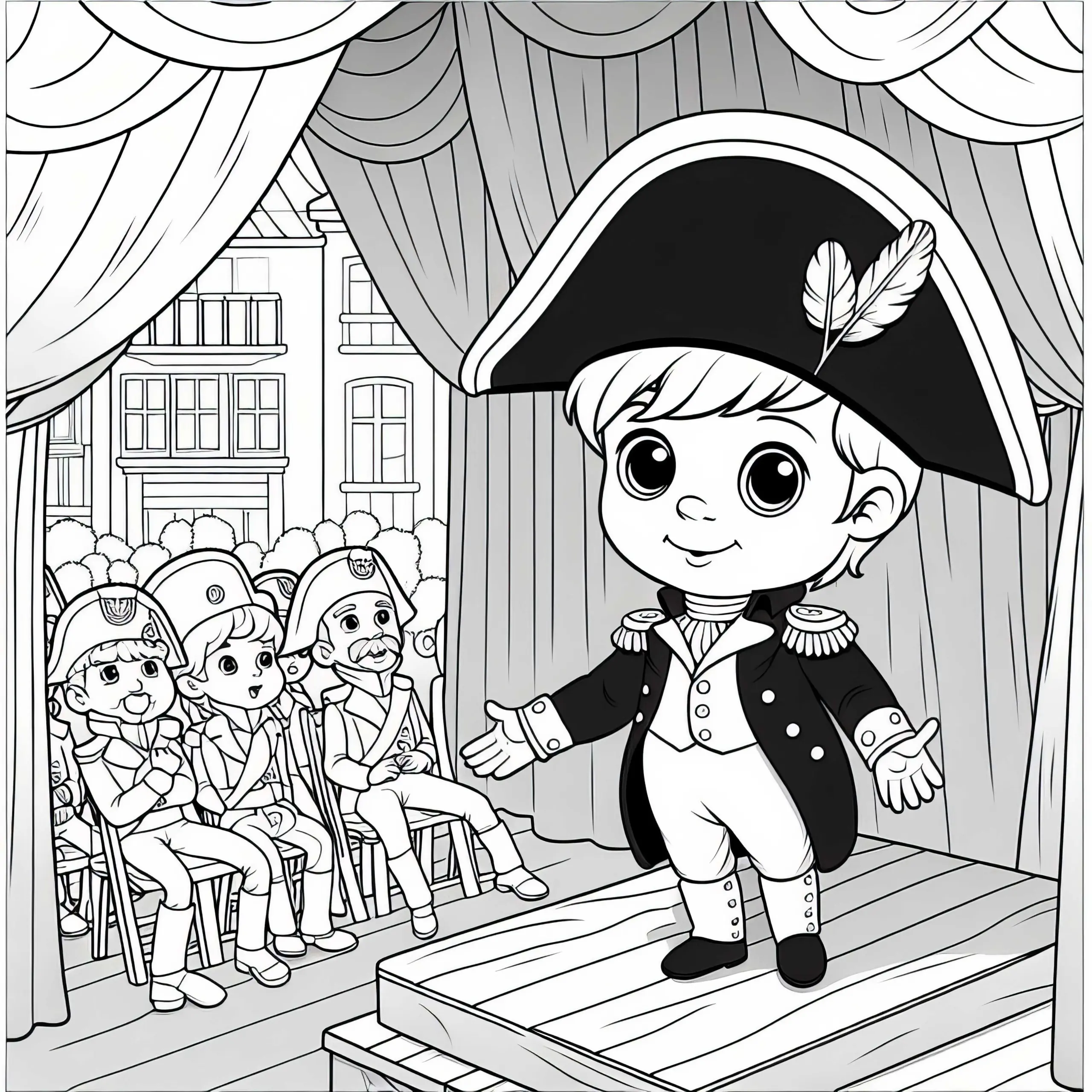 Theaterstück wird geprobt mit Kind als Napoleon – Malvorlage Napoleonische Ära kostenlos (Ausmalbild)
