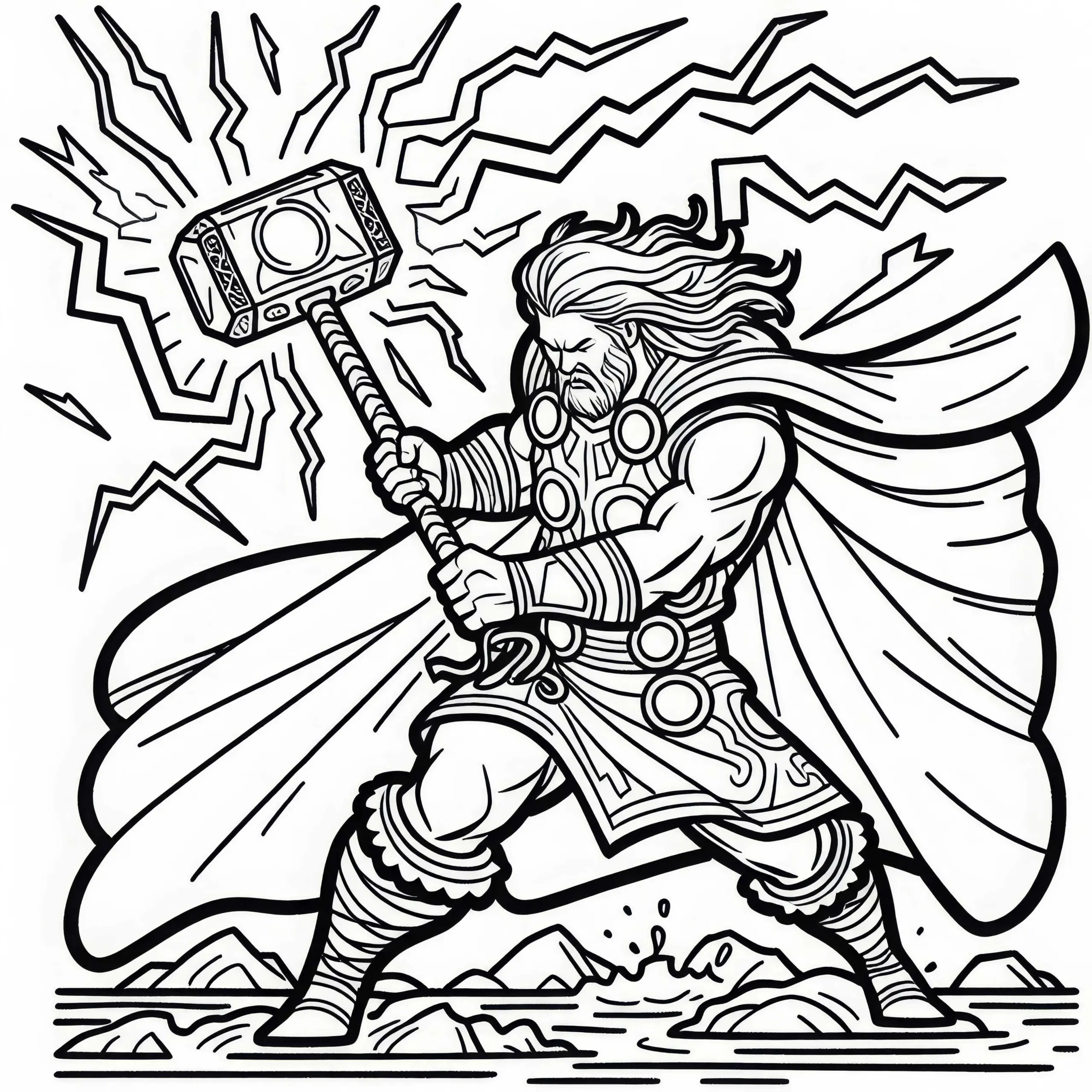 Thor mit Hammer Mjölnir – Der Blitze entfesselt Malvorlage der nordischen Mythologie kostenlos (Ausmalbild)
