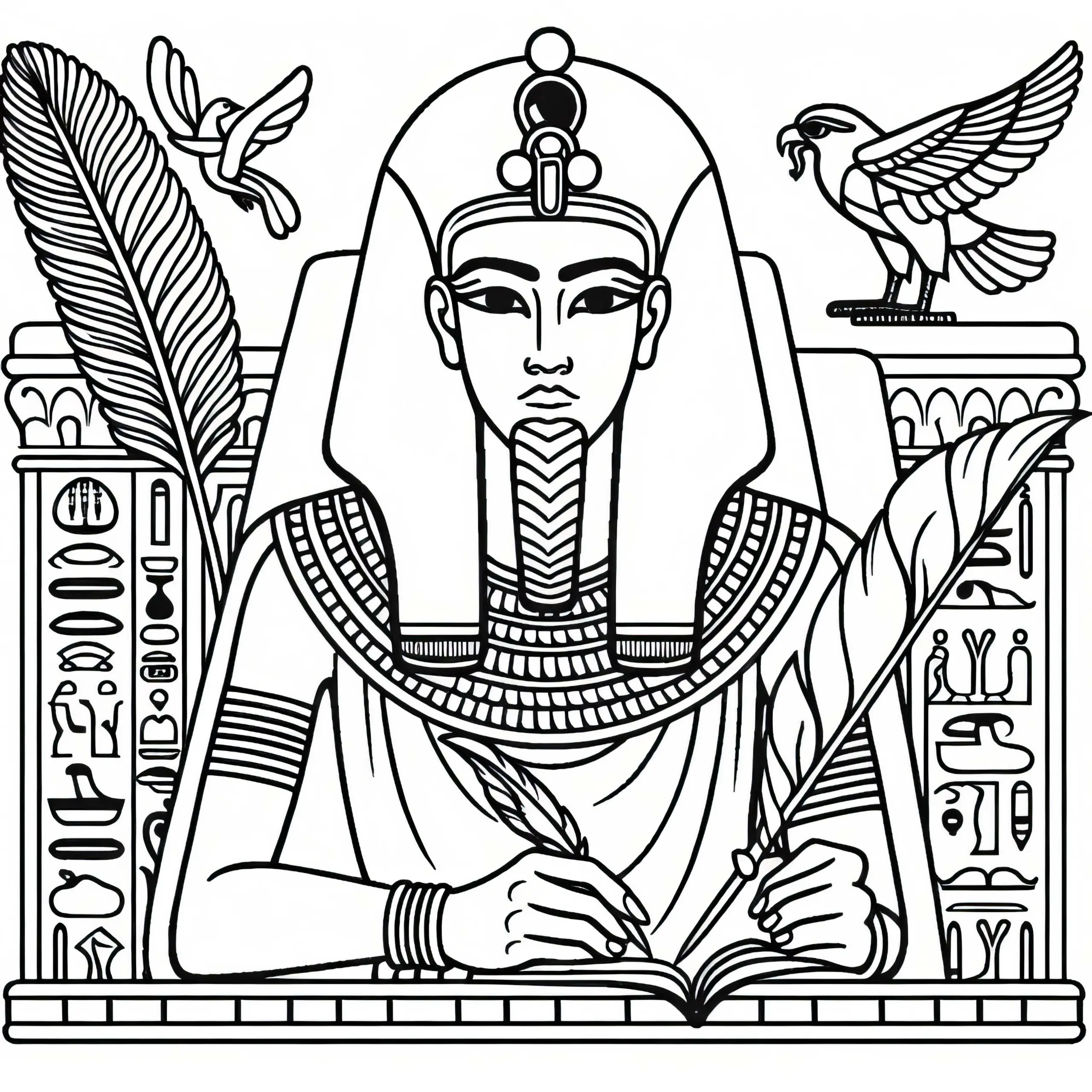 Thoth, der Gott der Weisheit mit Schreibfeder und Papyrus – Ausmalbild zur ägyptischen Mythologie