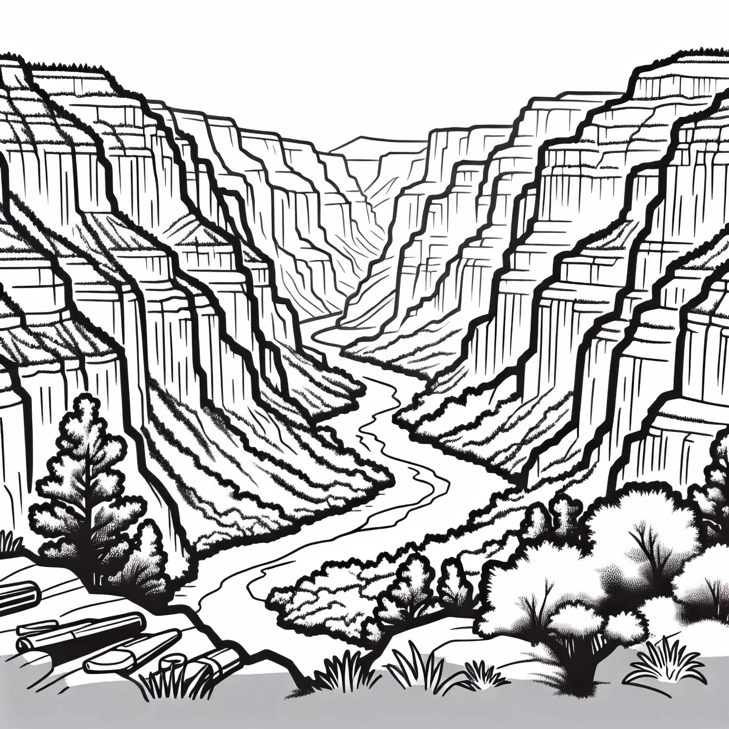 Tief Eingeschnittene Schlucht Mit Fluss – Ausmalbild Kostenlos