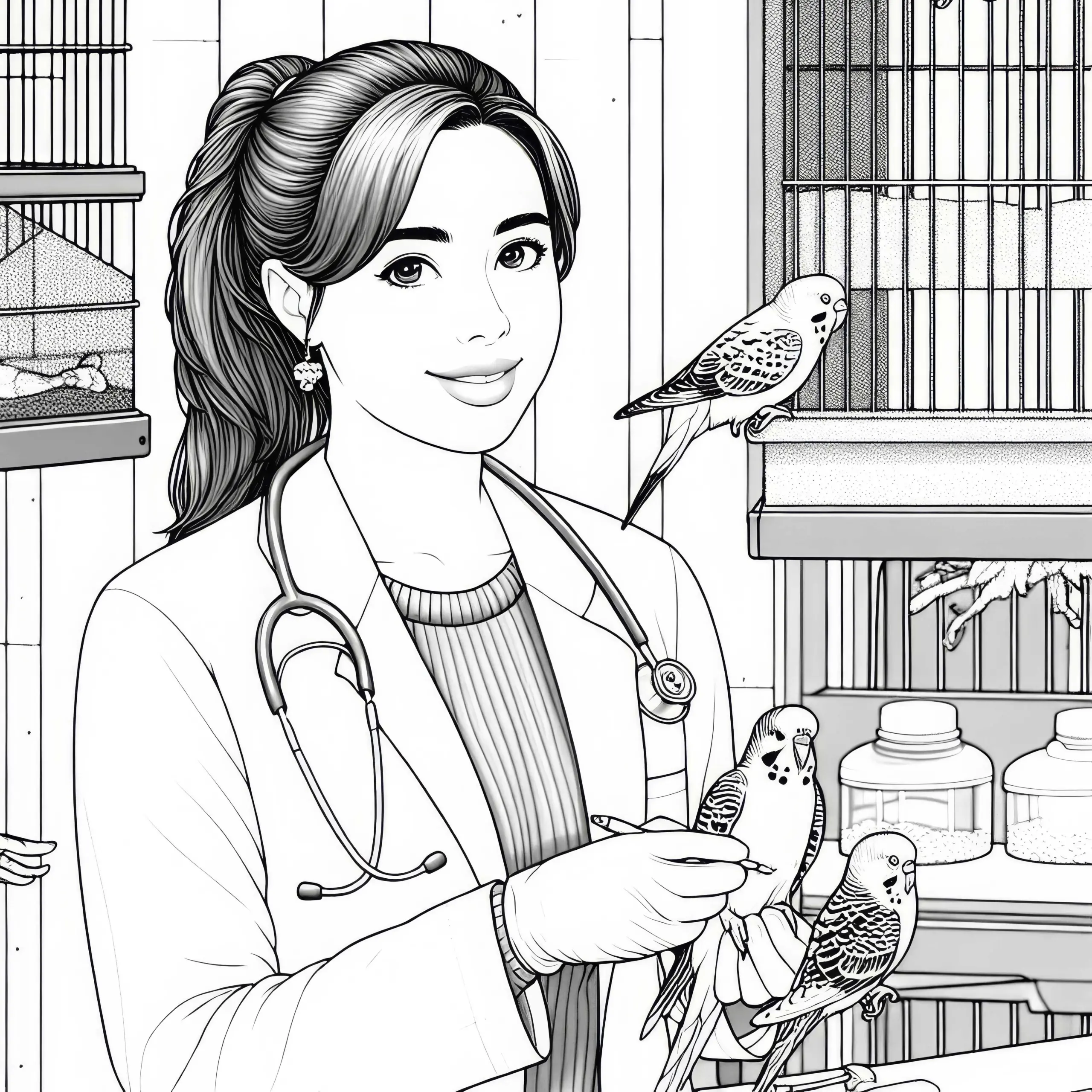 Tierärztin bei der Behandlung von Vögeln in der Vogelklinik – Malvorlage in Detailreich und Gratis (Ausmalbild)