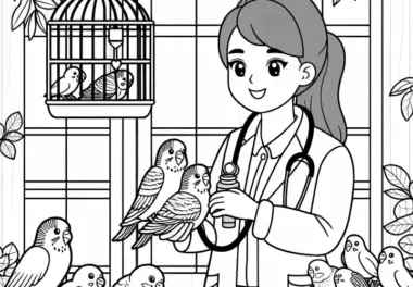 Tierärztin bei der Behandlung von Vögeln in der Vogelklinik – Malvorlage einfach gratis