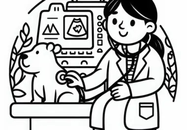 Tierärztin bei der Untersuchung eines Tieres – Ausmalbild einfach kostenlos