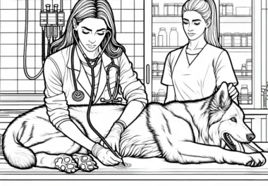 Tierärztin operiert einen Hund im Behandlungsraum – Malvorlage detailreich kostenlos