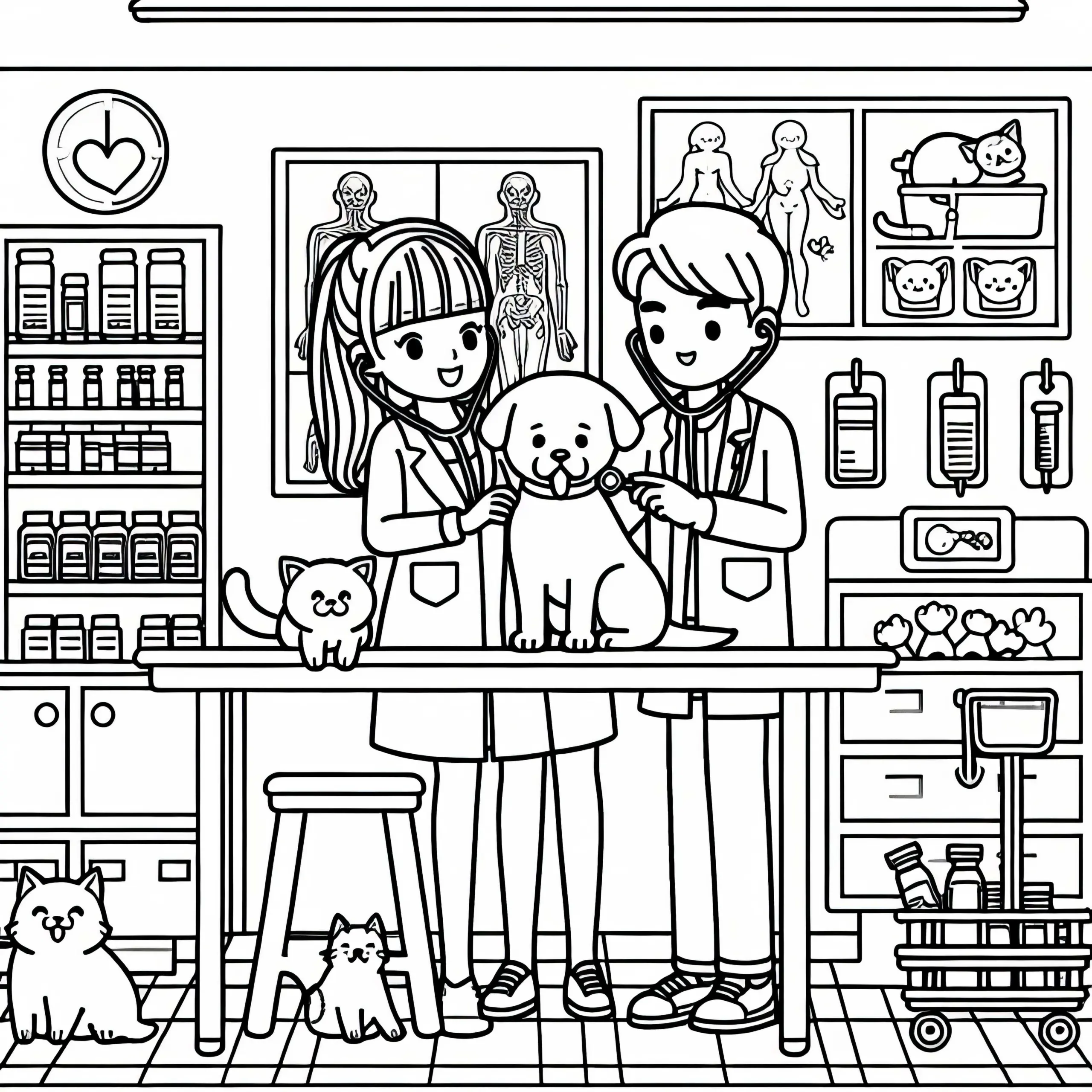 Tierarztpraxis mit Hund und Katzen – Malvorlage für Mädchen ab sechs kostenlos (Ausmalbild)