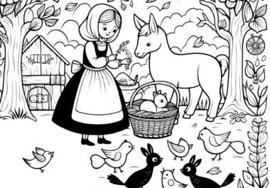 Tiere im Märchen: Frau Holle hilft der fleißigen Tochter – Malvorlage kostenlos