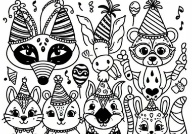 Tiere mit Partyhüten: Fasching Ausmalbild Einfach und Gratis