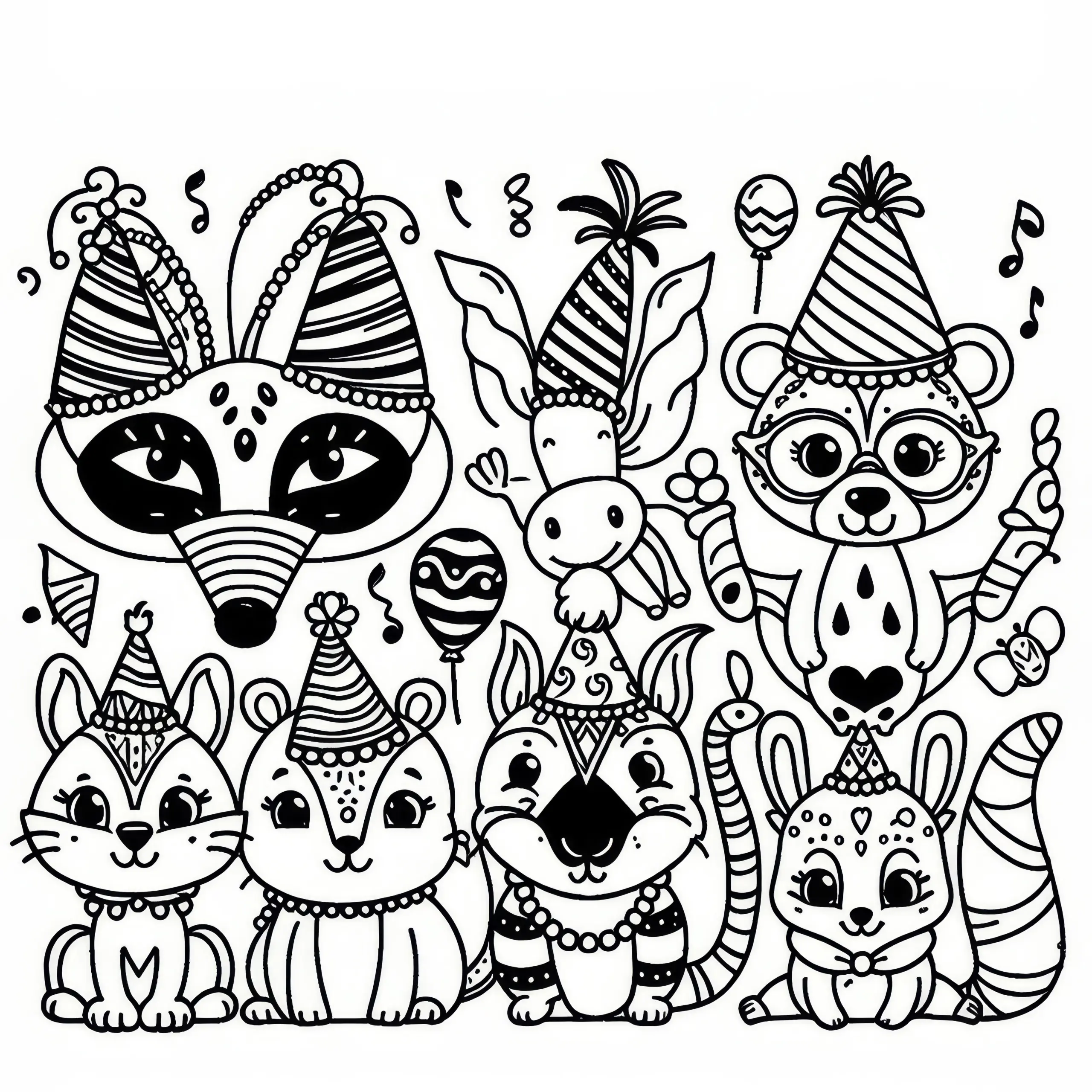 Tiere mit Partyhüten: Fasching Ausmalbild Einfach und Gratis