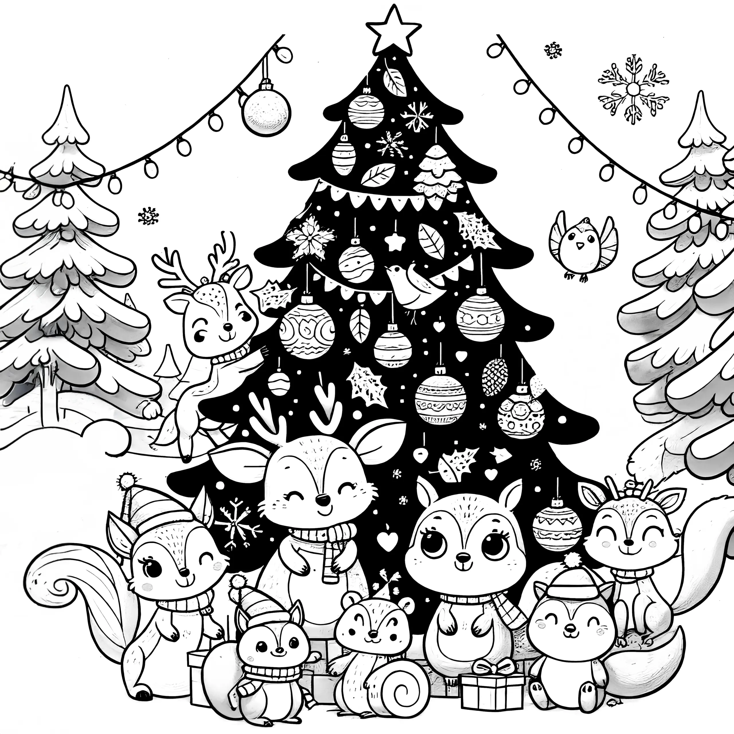 Tiere im Schnee mit Weihnachtsbaum: Weihnachtsbild zum Ausmalen (Ausmalbild)