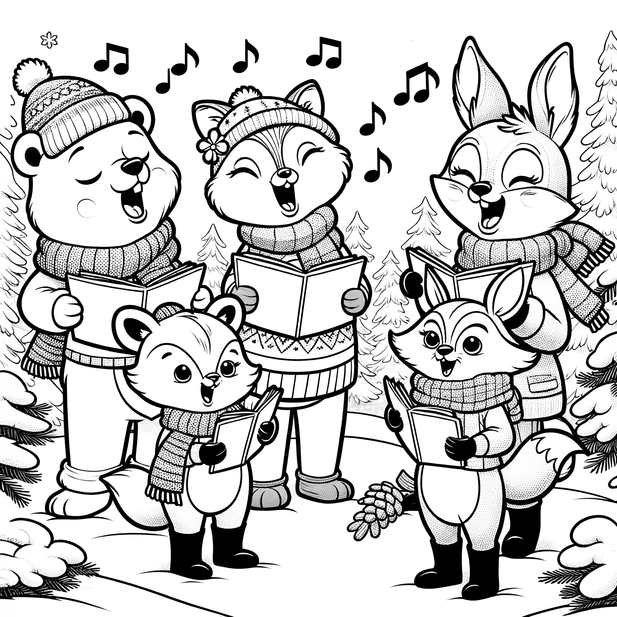 Tiere singen in Winterlandschaft (kostenlose Malvorlage) (Ausmalbild)