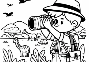 Tierfotograf beobachtet Tiere mit Fernglas – Ausmalbild kostenlos