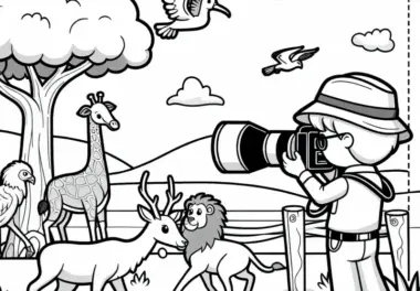Tierfotograf fotografiert Tiere in der Savanne – Ausmalbild kostenlos