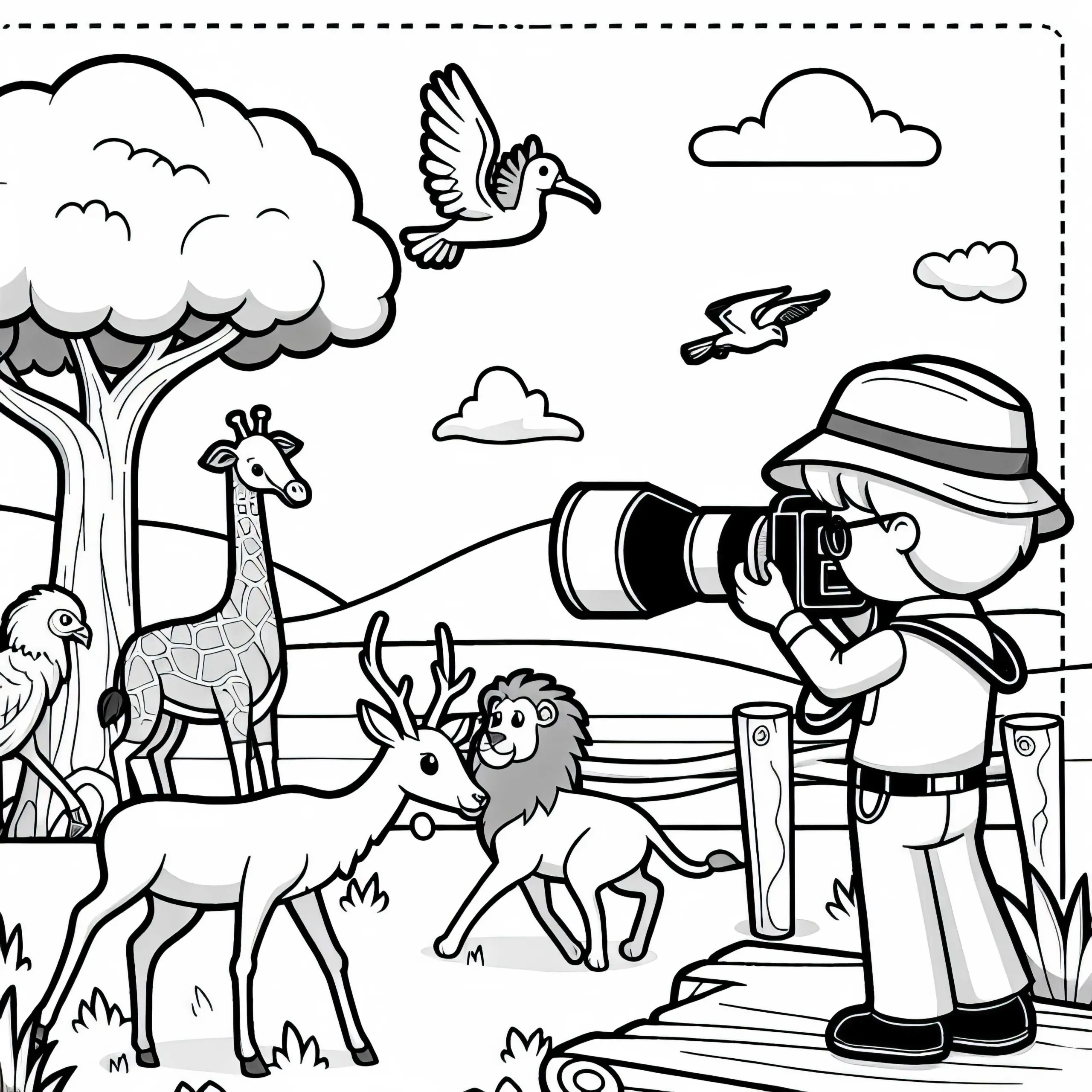 Tierfotograf fotografiert Tiere in der Savanne – Ausmalbild kostenlos