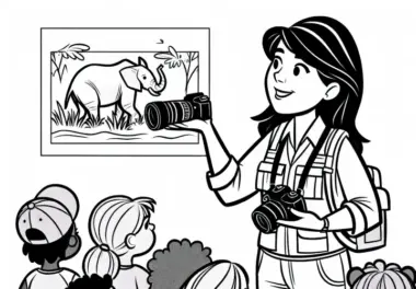 Tierfotografin erklärt einer Gruppe Fototechniken – Ausmalbild gratis