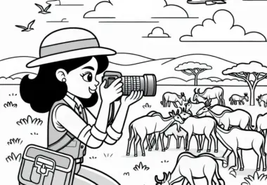 Tierfotografin fotografiert eine Herde in der Savanne – Malvorlage gratis