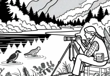 Tierfotografin wartet geduldig am See auf Tiere – Malvorlage kostenlos
