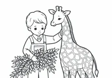 Tierpfleger gibt Giraffe frische Blätter – Ausmalbild einfach kostenlos