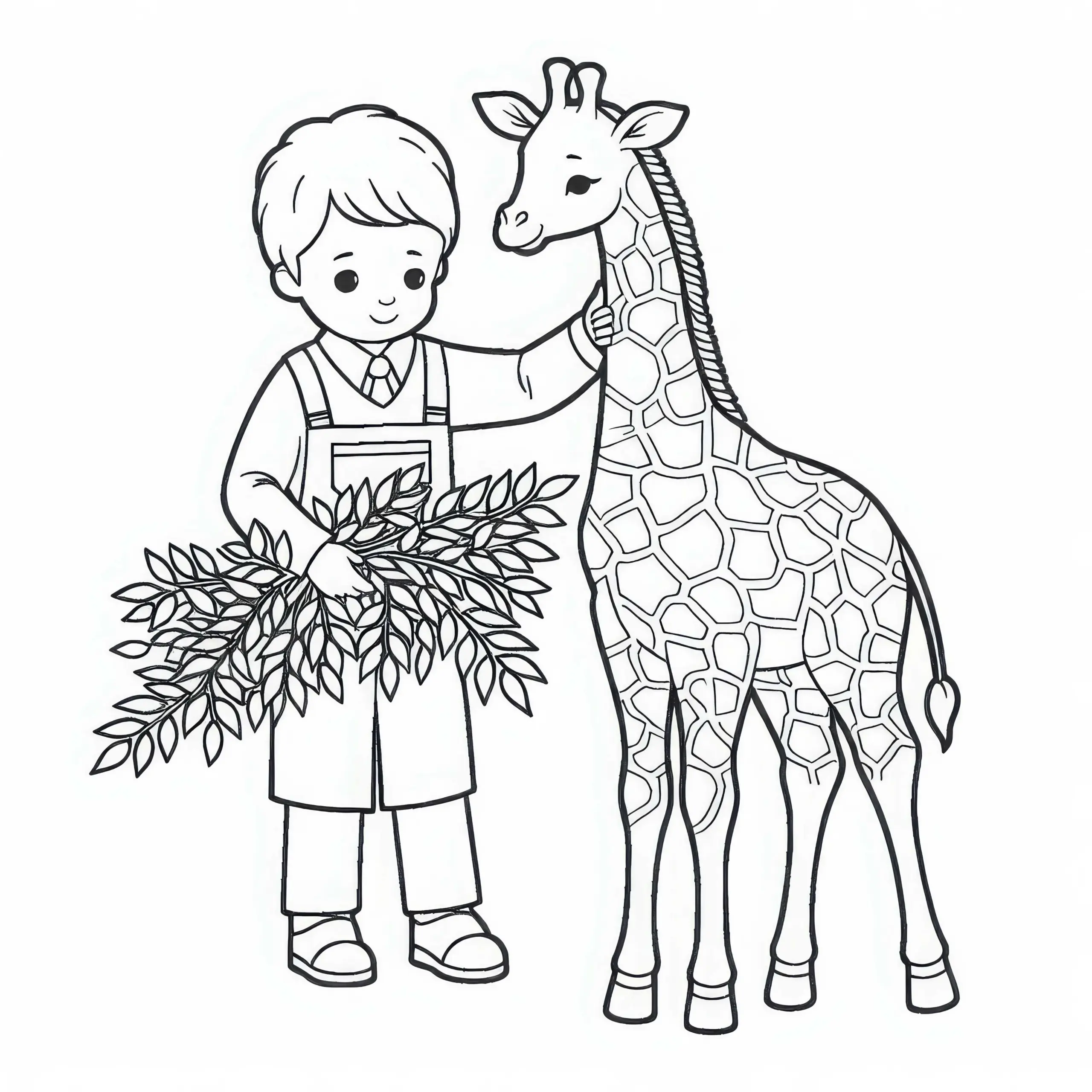 Tierpfleger gibt Giraffe frische Blätter – Ausmalbild einfach kostenlos