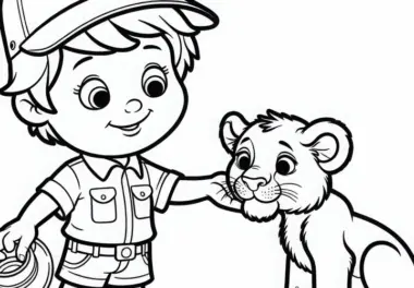 Tierpfleger spielt mit Löwenbaby – Ausmalbild gratis