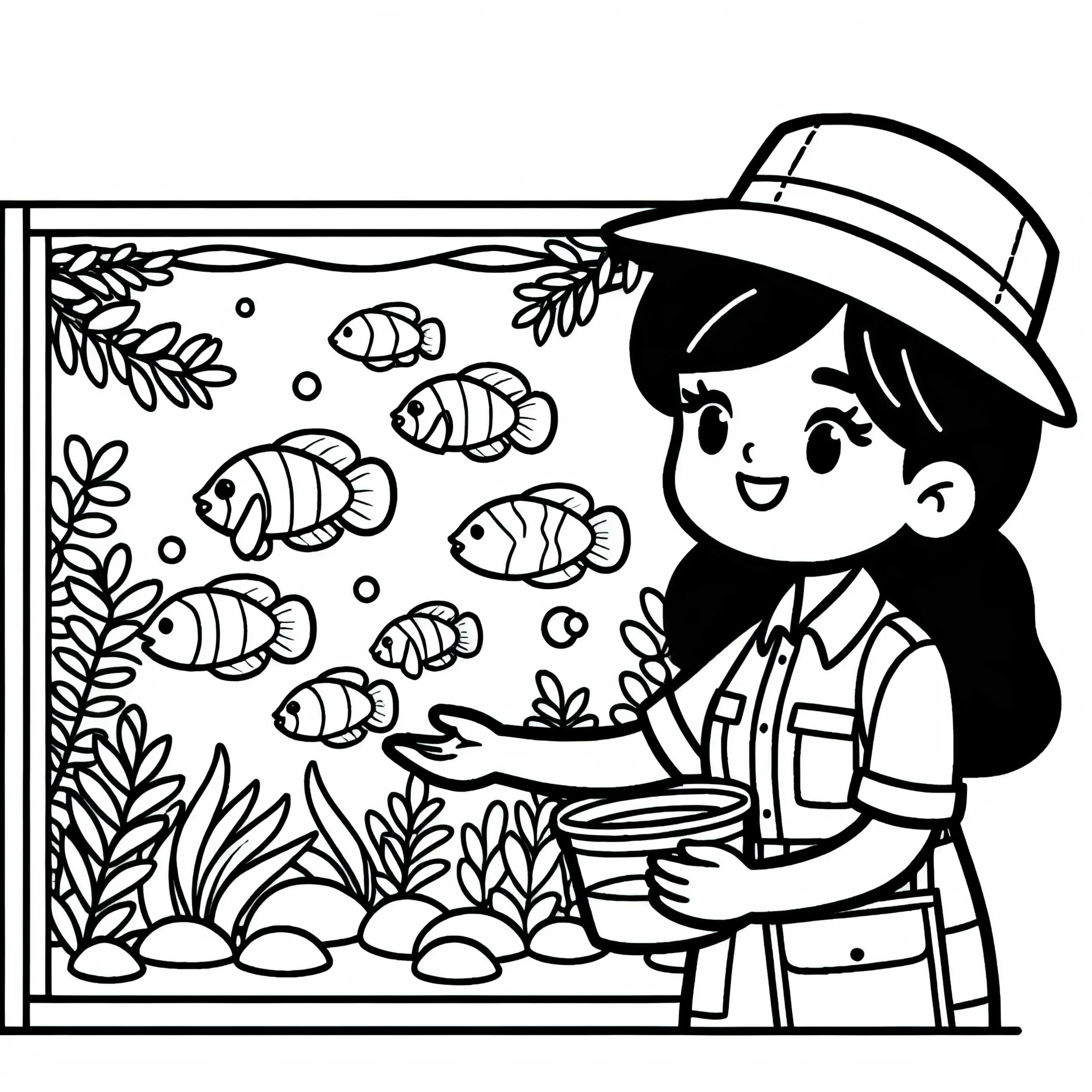 Tierpflegerin bei Fütterung von Fischen im Aquarium Malvorlage Kostenlos (Ausmalbild)