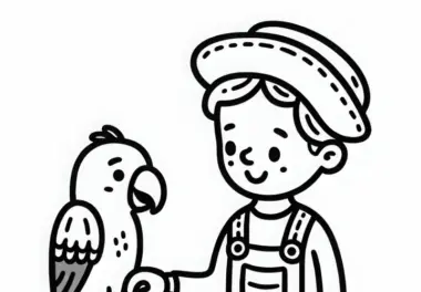 Tiertrainer trainiert Papagei, Wörter nachzusprechen – Ausmalbild gratis