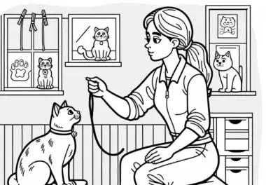 Tiertrainerin bringt Katze Tricks bei – Malvorlage kostenlos