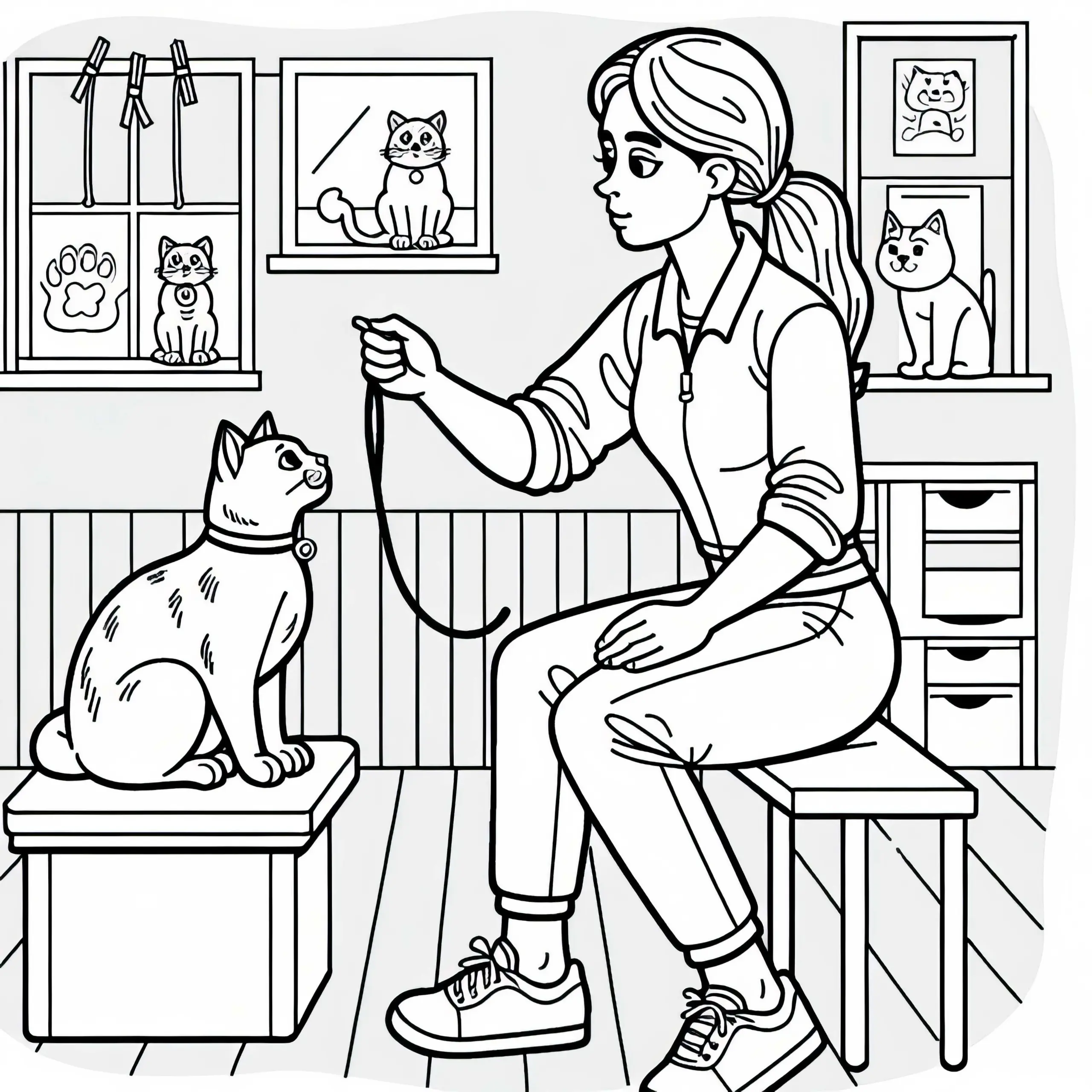 Tiertrainerin bringt Katze Tricks bei – Malvorlage kostenlos (Ausmalbild)