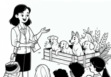 Tiertrainerin erklärt Gruppe, wie man Haustiere trainiert – Ausmalbild kostenlos