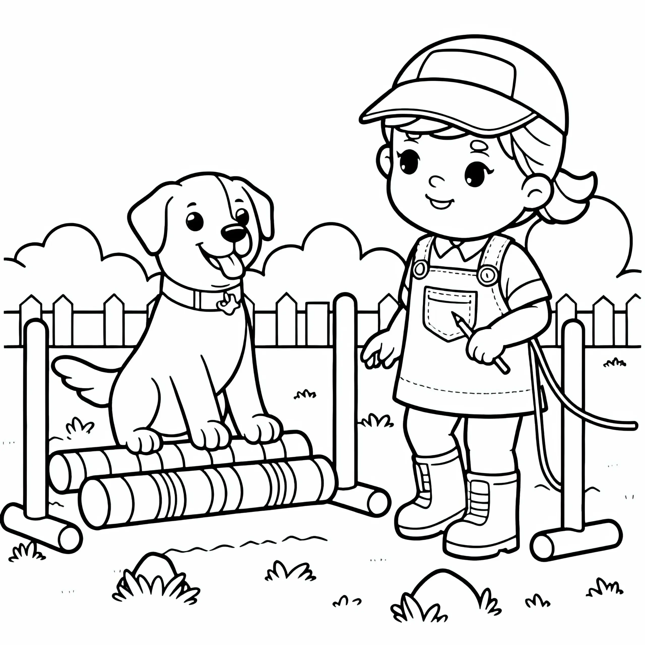 Tiertrainerin lehrt einen Hund durch Hindernisparcours zu laufen – Malvorlage kostenlos (Ausmalbild)