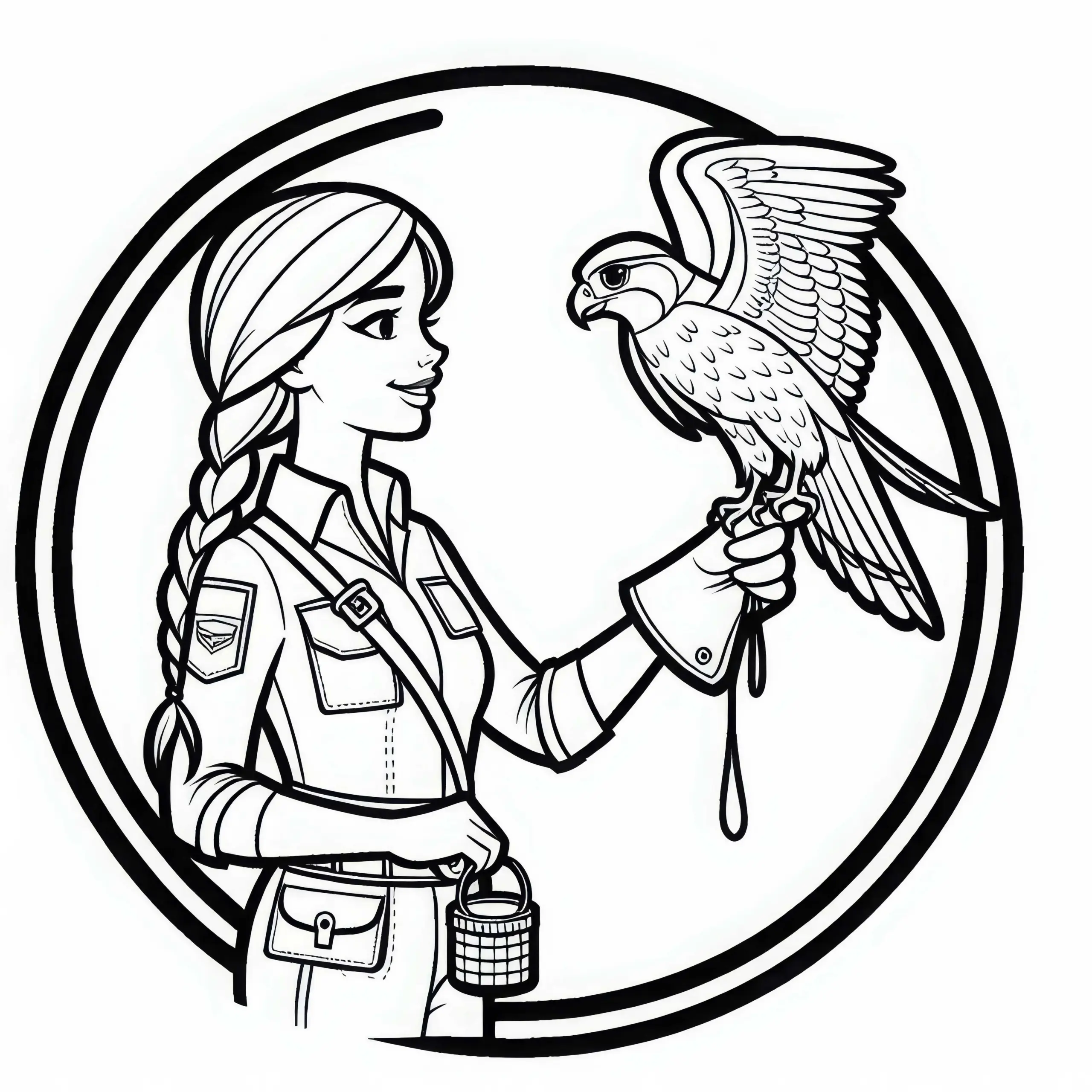Tiertrainerin trainiert Greifvogel Malvorlage kostenlos (Ausmalbild)