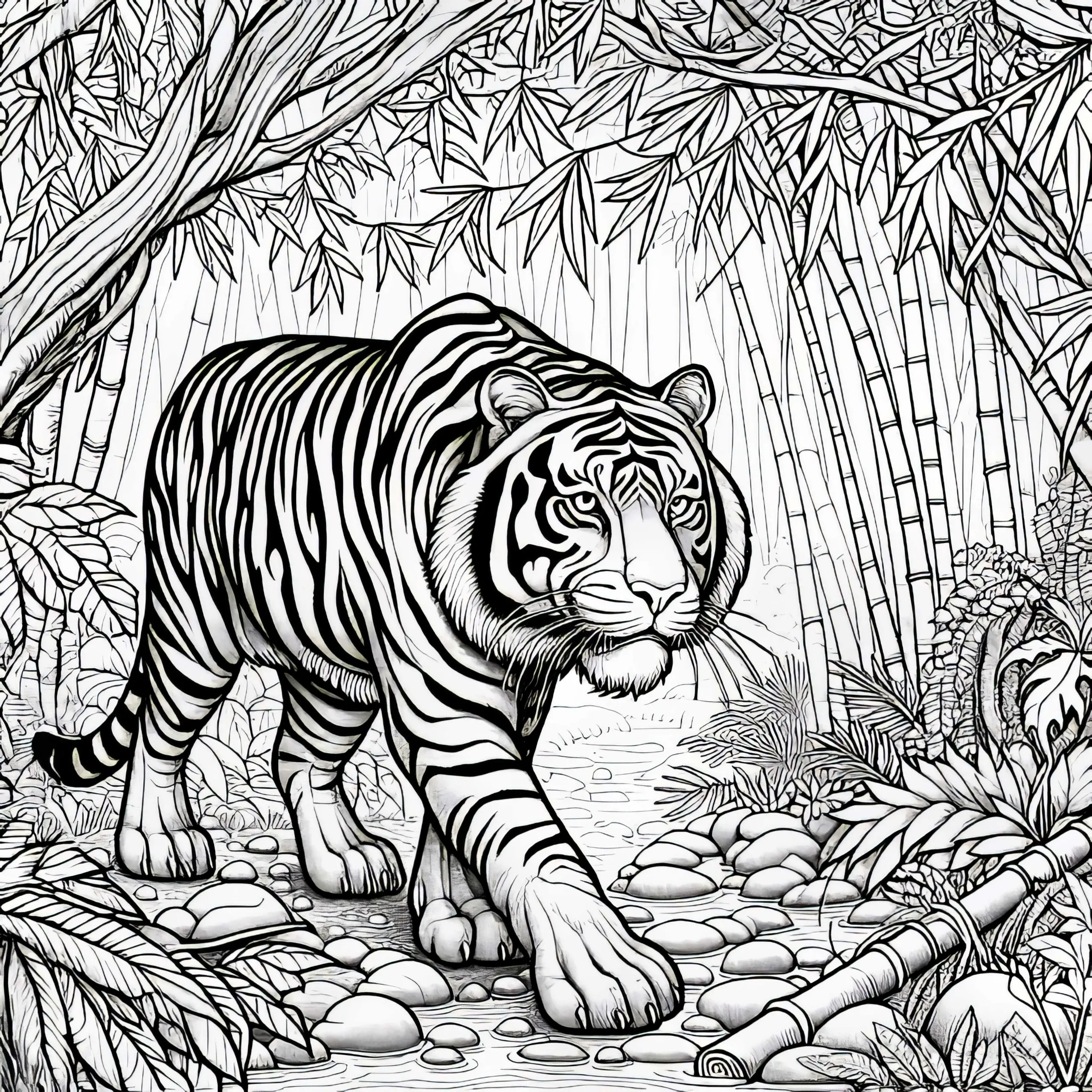 Tiger im Dschungel mit Bambus: Detailreiche Malvorlage (Gratis) (Ausmalbild)