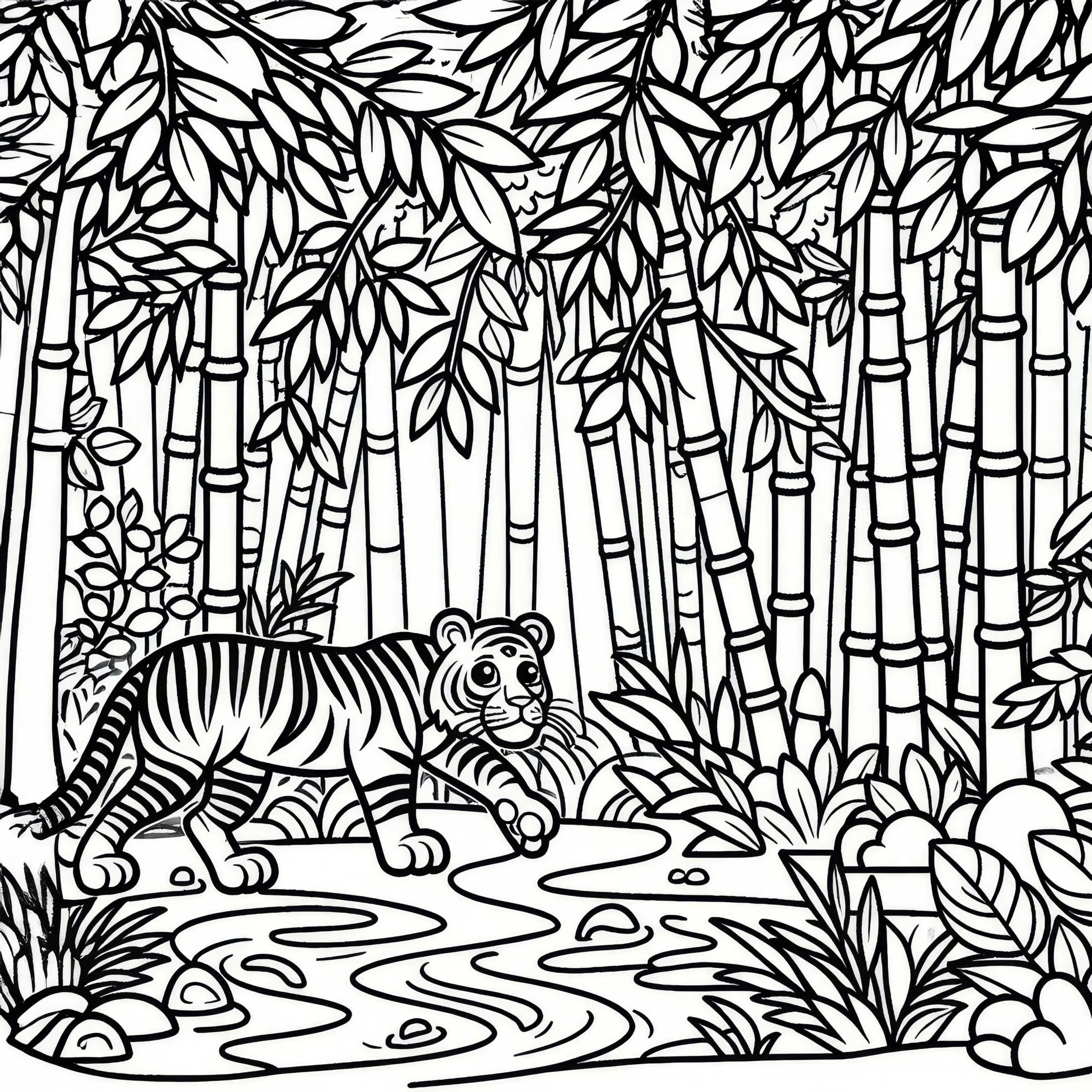 Tiger im Dschungel mit Bambus: Einfaches Ausmalbild (Kostenlos)