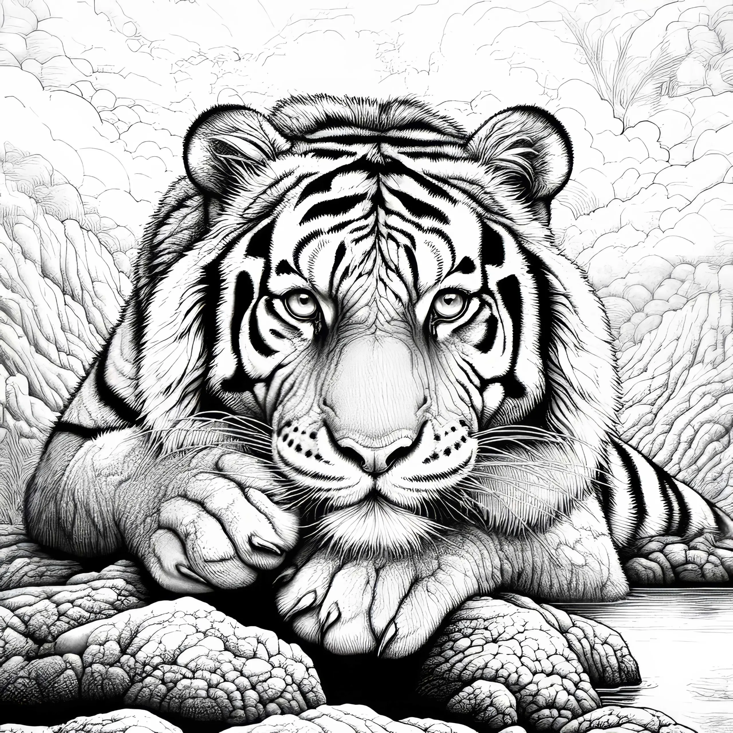 Tiger mit durchdringendem Blick: Ausmalbild zum Download (Kostenlos)