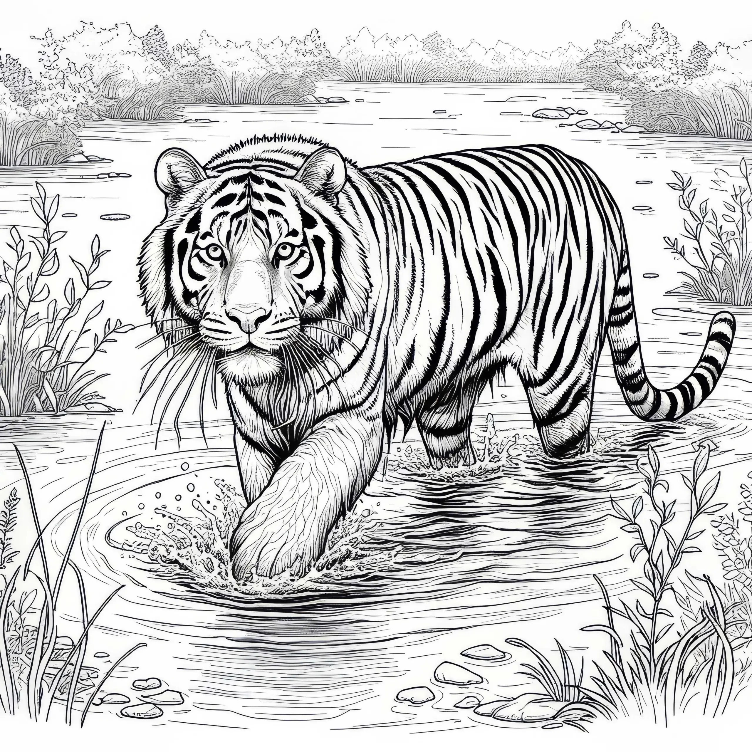 Tiger im flachen Fluss: Ausmalbild zum Download (Kostenlos)