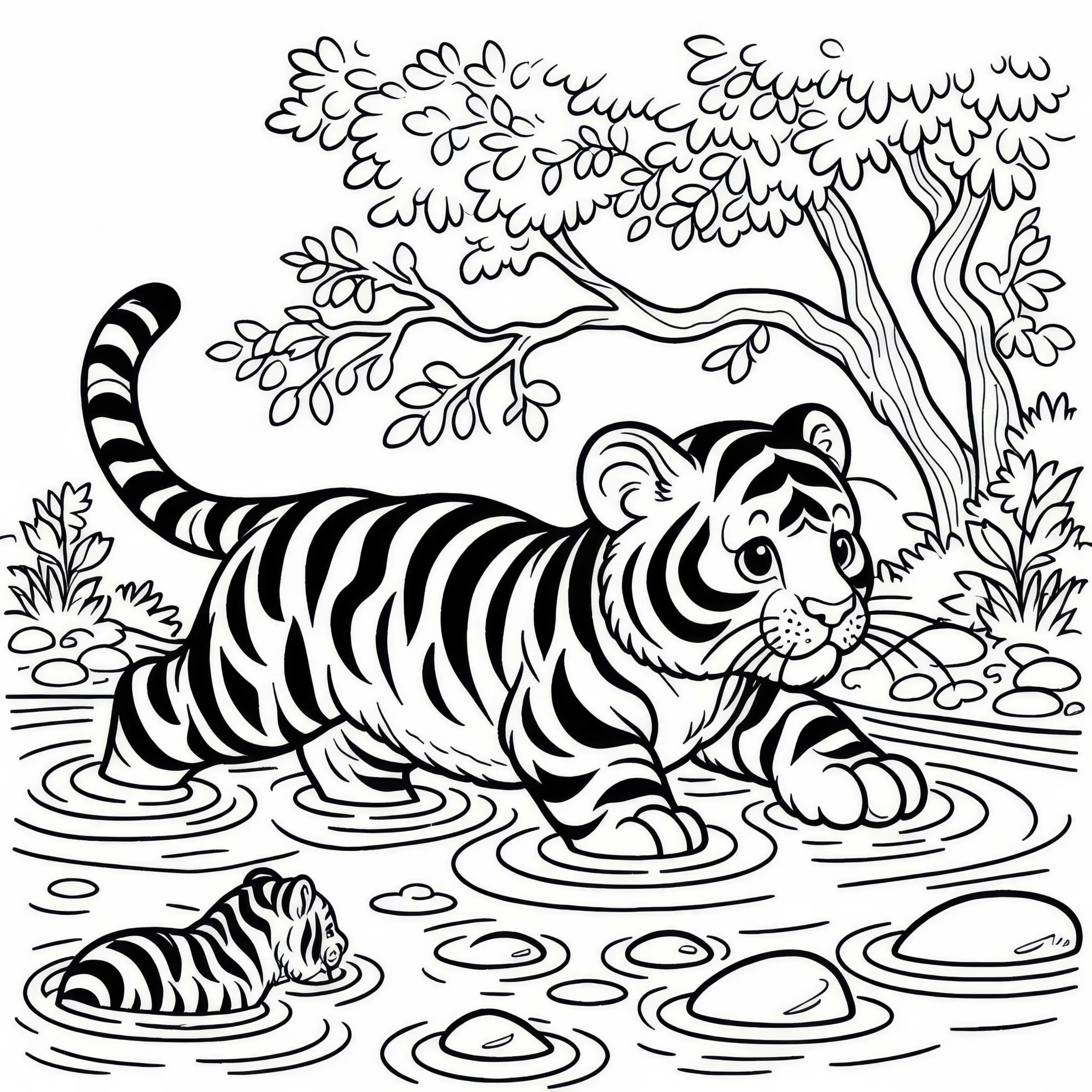 Tiger im Fluss: Einfache Malvorlage (Kostenlos) (Ausmalbild)