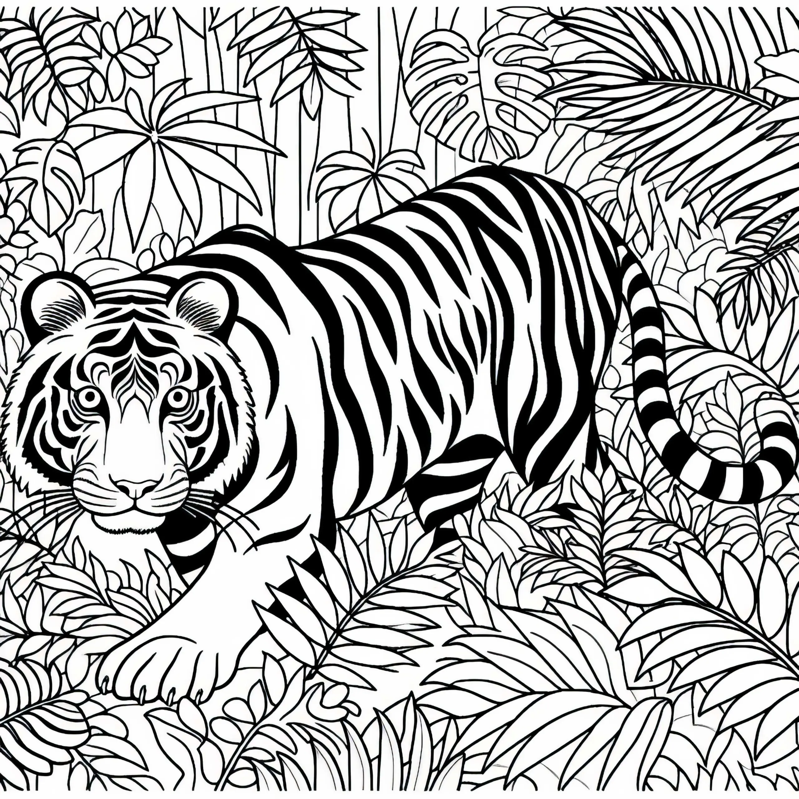 Tiger im Dschungel: kostenloses Ausmalbild