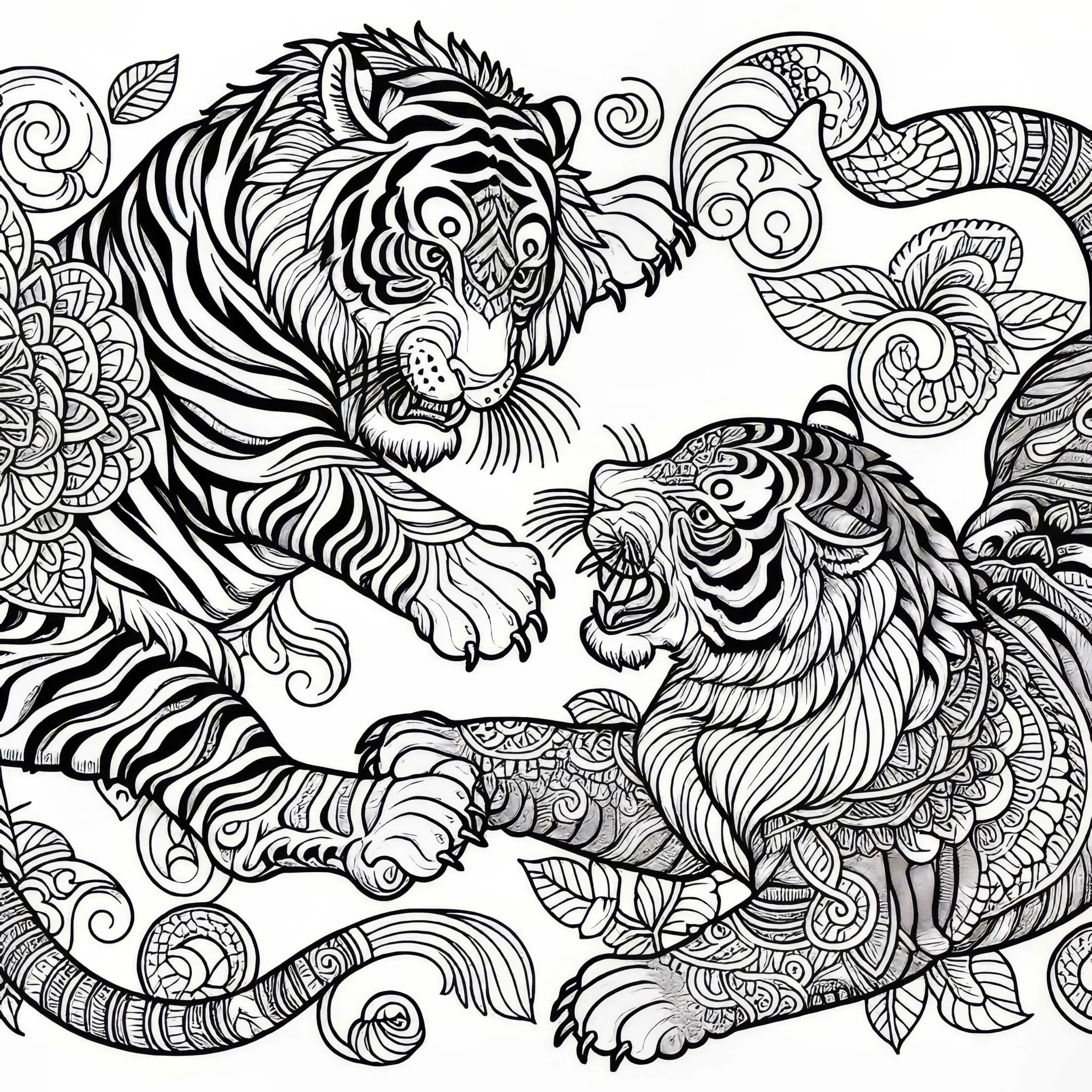 Tiger im Kampf: Malvorlage zum Herunterladen (Kostenlos) (Ausmalbild)