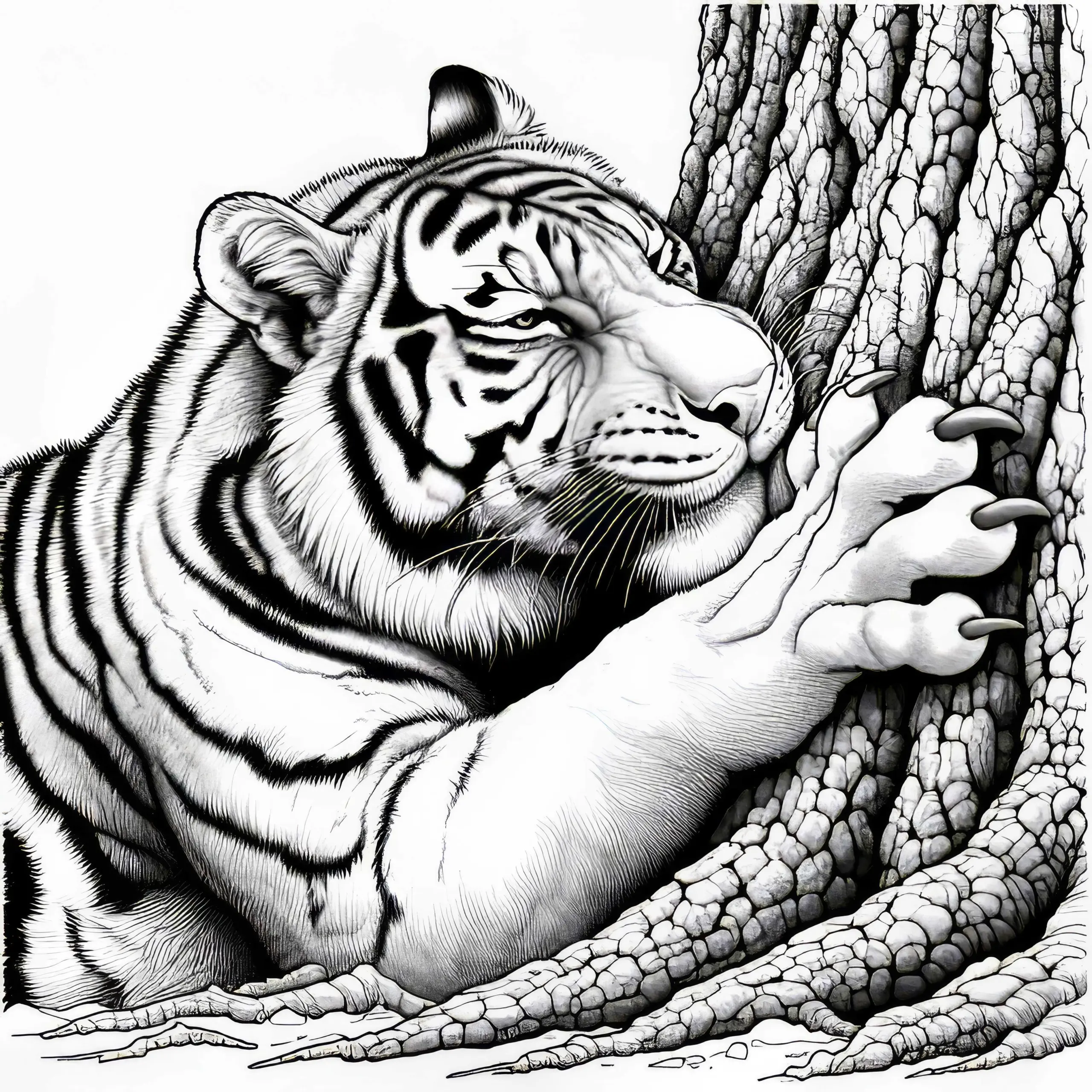 Tiger schärft Krallen an Baumrinde: Kostenloses Ausmalbild