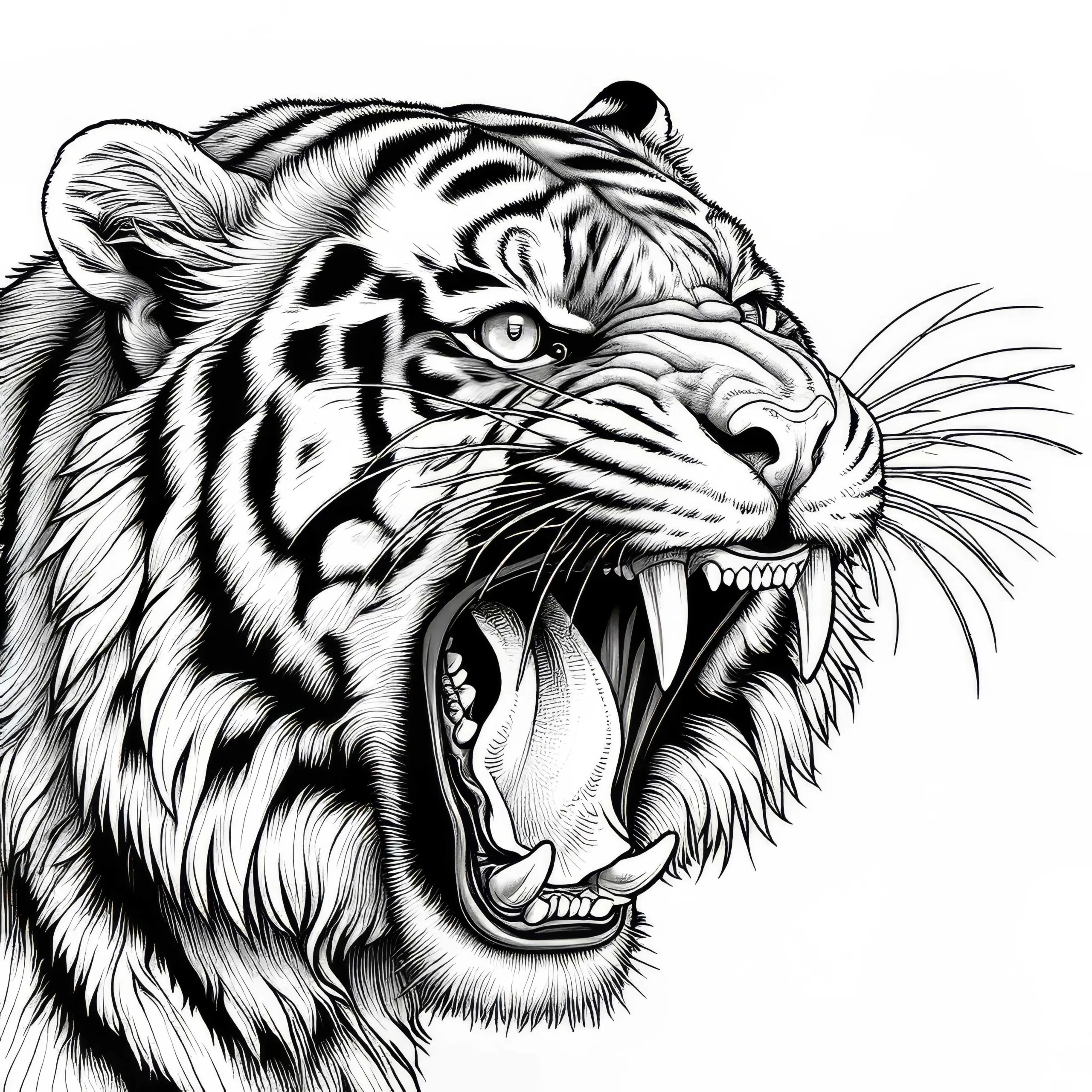 Tiger mit scharfen Zähnen: Detailreiche Malvorlage (Gratis) (Ausmalbild)