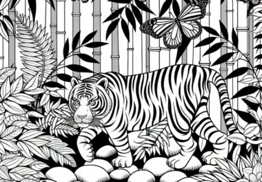 Tiger schleicht durch den Dschungel – Ausmalbild gratis